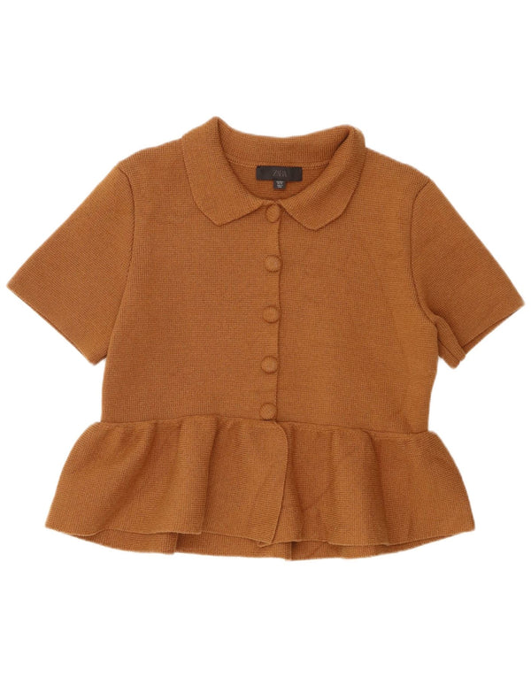 Top cardigan a maniche corte da donna Zara UK 14 grande cotone marrone