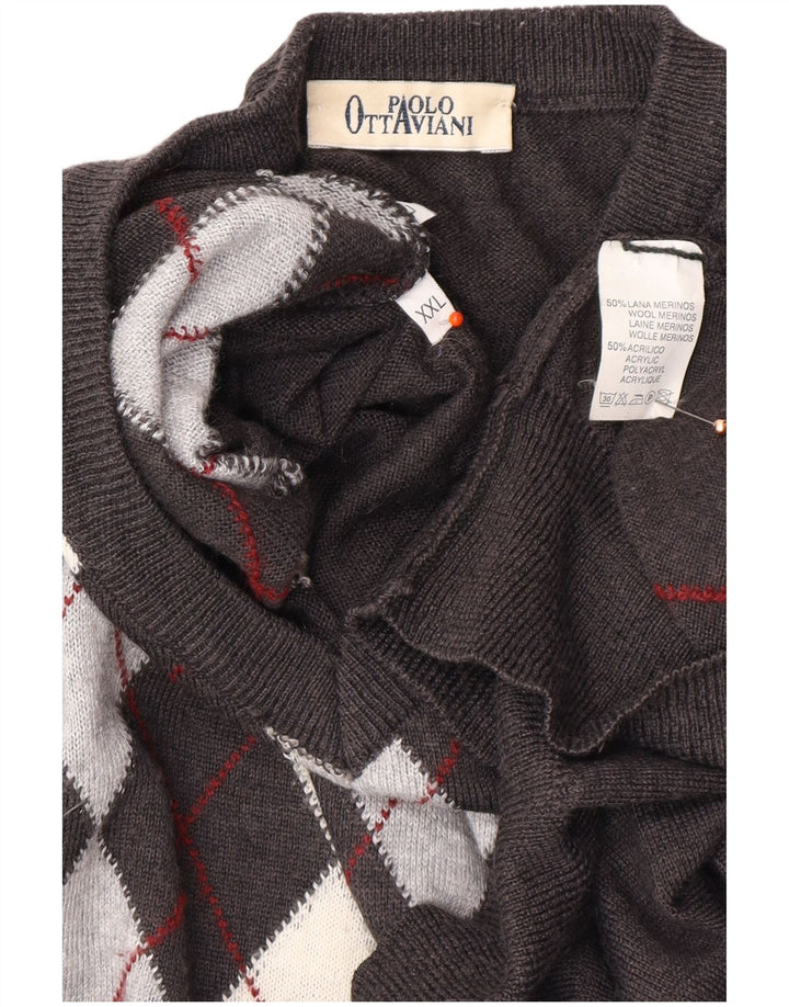 PAOLO OTTAVIANI Mens V-Neck Jumper Sweater 2XL Grey Argyle/Diamond Wool