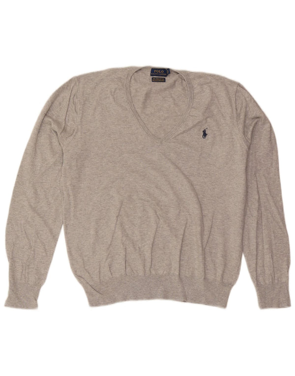 Maglione maglione con scollo a V da donna Polo Ralph Lauren UK 16 grande cotone grigio