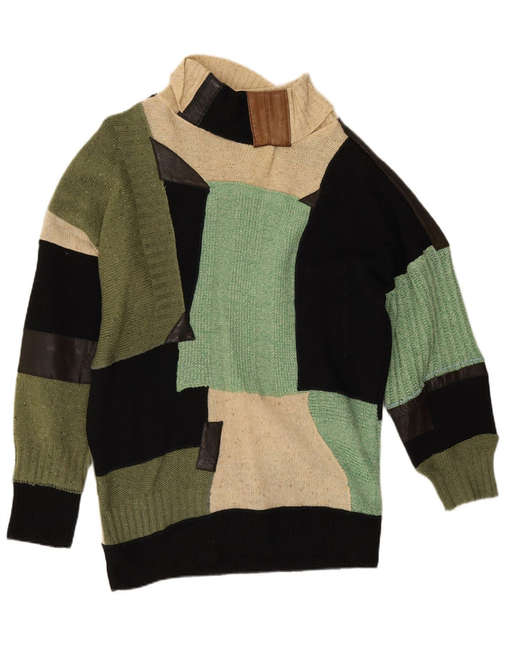 Maglione maglione vintage da donna con collo alto UK 14 Grande patchwork multicolore
