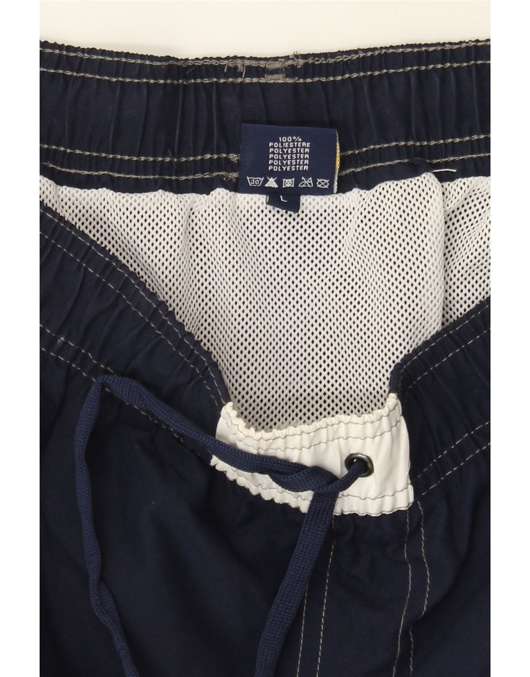 NAVIGARE Mens Graphic Swimming Shorts Large  Navy Blue Striped Polyester Vintage Navigare and Second-Hand Navigare from Messina Hembry 