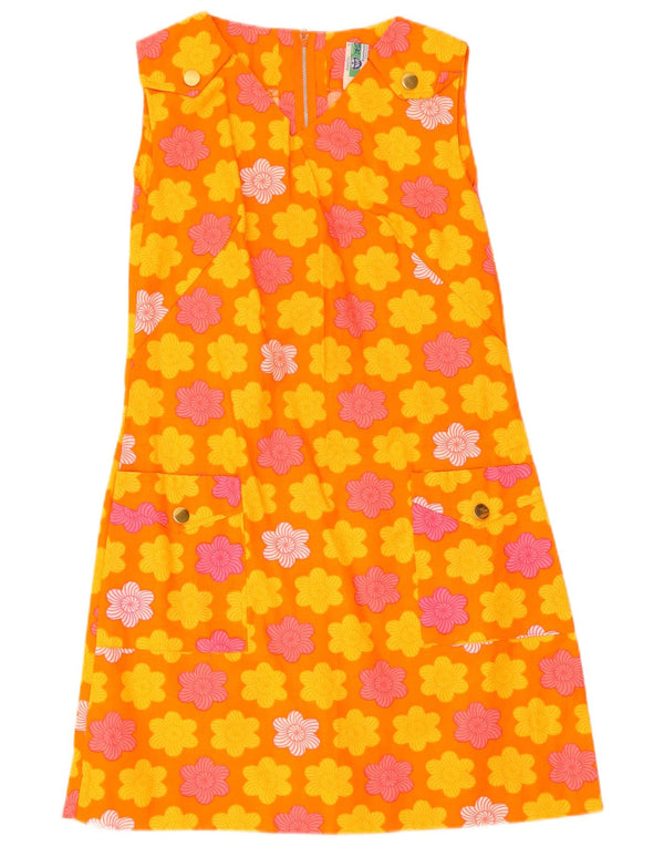 Abito vintage da donna senza maniche a trapezio IT 40 piccolo cotone floreale arancione