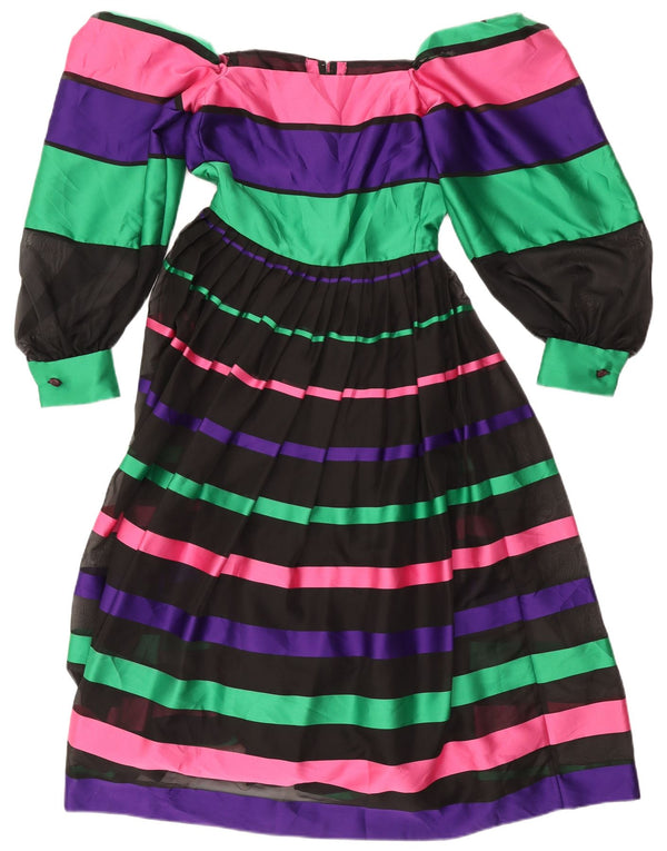 Abito vintage da donna a maniche lunghe con spalle scoperte UK 8 piccolo a righe nere