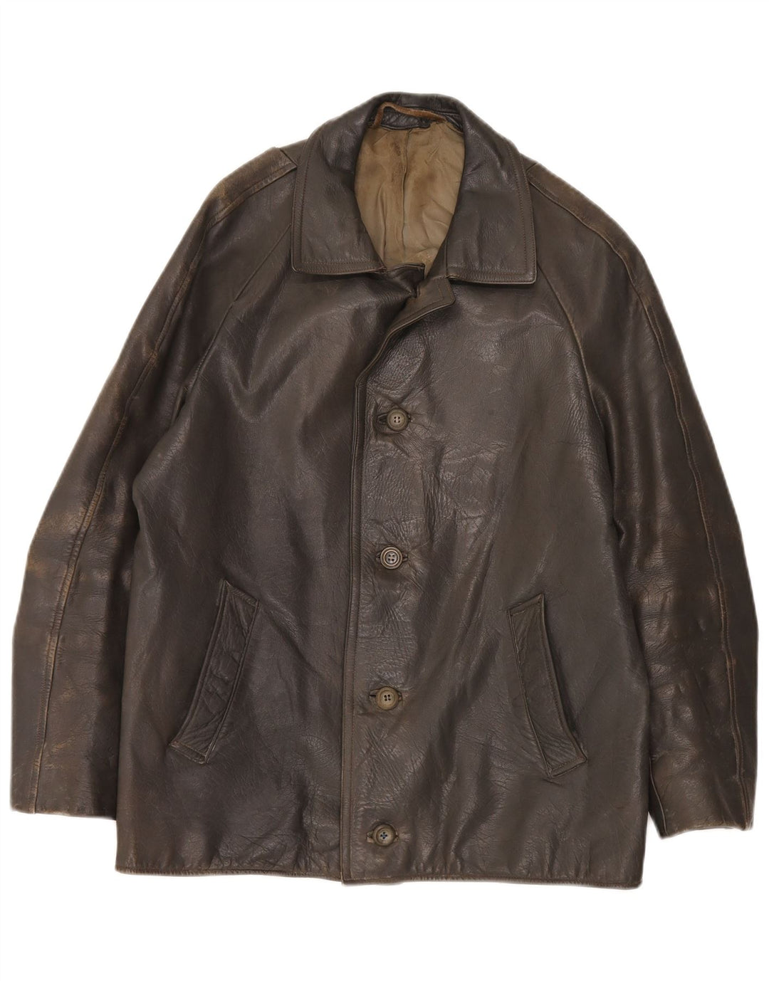 Giacca in pelle vintage da uomo IT 48 media kaki