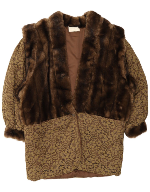 Cappotto vintage oversize in pelliccia sintetica da donna UK 14 marrone medio floreale