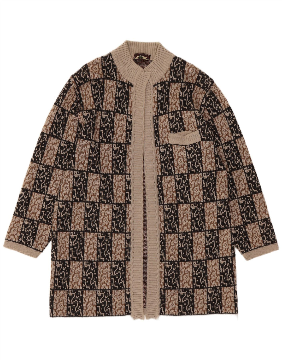 Maglione cardigan aperto lungo da donna VINTAGE IT 44 Marrone medio geometrico
