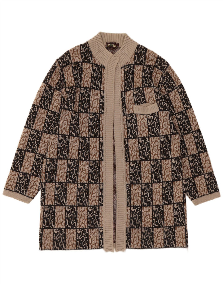 Maglione cardigan aperto lungo da donna VINTAGE IT 44 Marrone medio geometrico