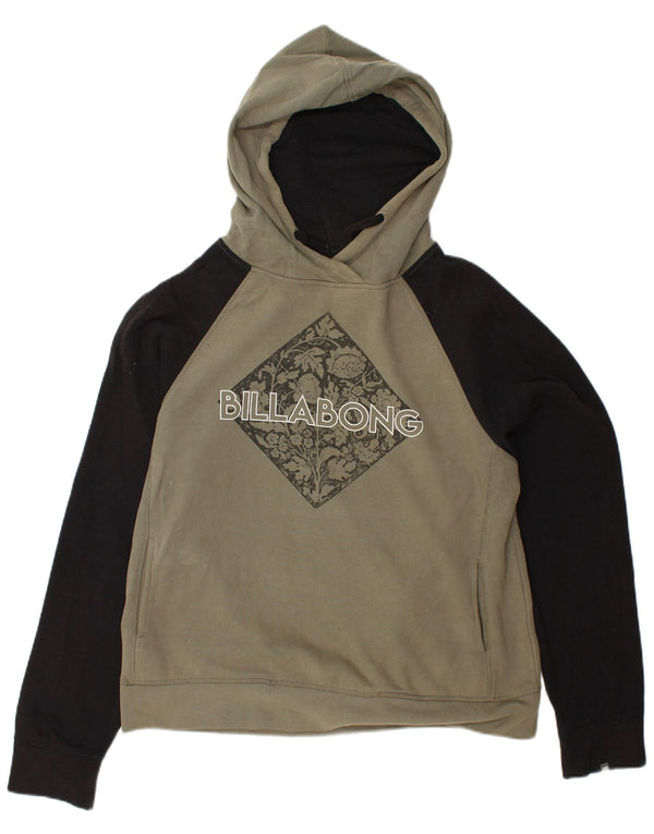 BILLABONG Felpa con cappuccio grafica da donna UK 14 Large Khaki Colourblock