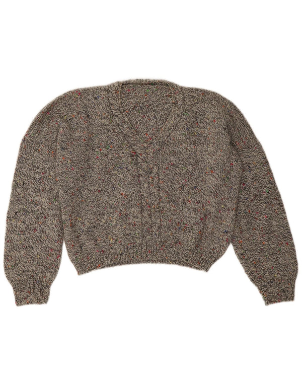 Maglione vintage da donna corto con scollo a V UK 16 grande grigio screziato