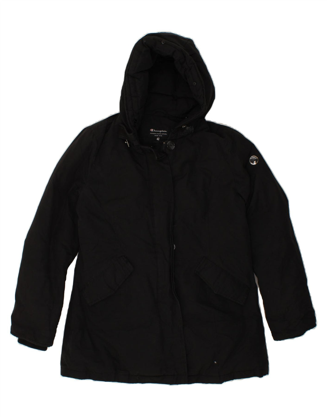 CHAMPION Womens Hooded Padded Jacket EU 42 Large Black Polyester Vintage Champion and Second-Hand Champion from Messina Hembry 