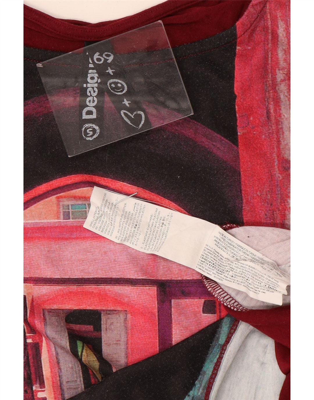 DESIGUAL T-shirt grafica da donna Top UK 10 piccola viscosa bordeaux