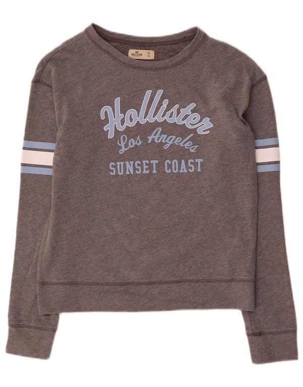 Felpa con grafica Hollister da donna, maglione UK 6 XS, colore grigio