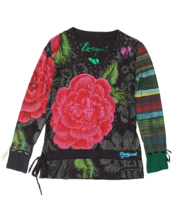 Desigual Donna Graphic Top Manica Lunga UK 14 Medio Nero Floreale
