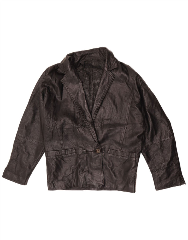 Giacca blazer in pelle doppio petto vintage da donna UK 16 grande nera