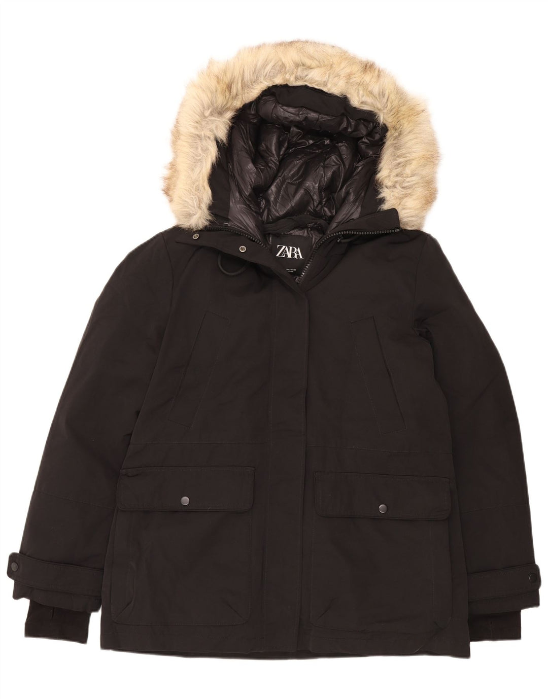 Giacca imbottita con cappuccio da donna Zara UK 16 grande poliestere nero