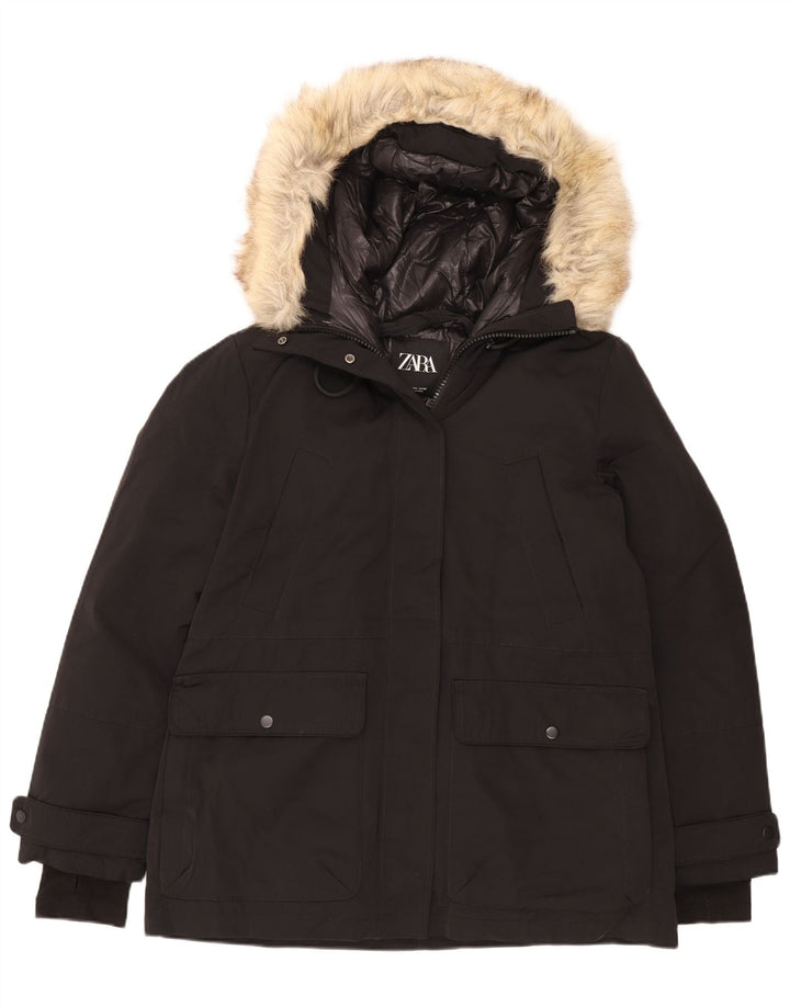 Giacca imbottita con cappuccio da donna Zara UK 16 grande poliestere nero