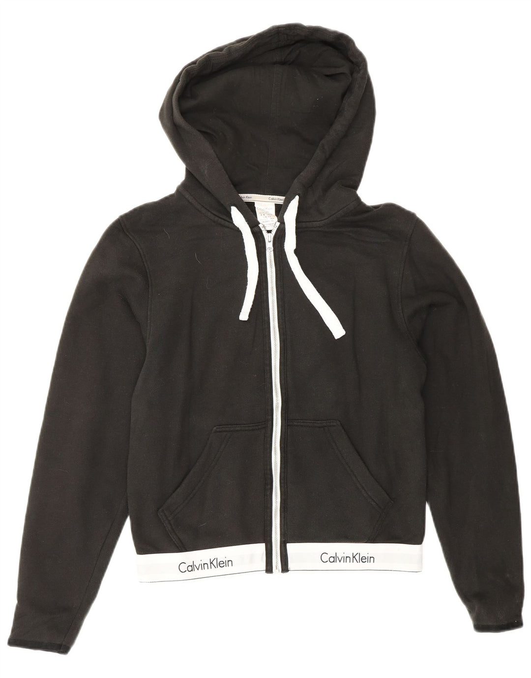 CALVIN KLEIN Felpa con cappuccio e zip corta da donna UK 6 XS Nero Colourblock