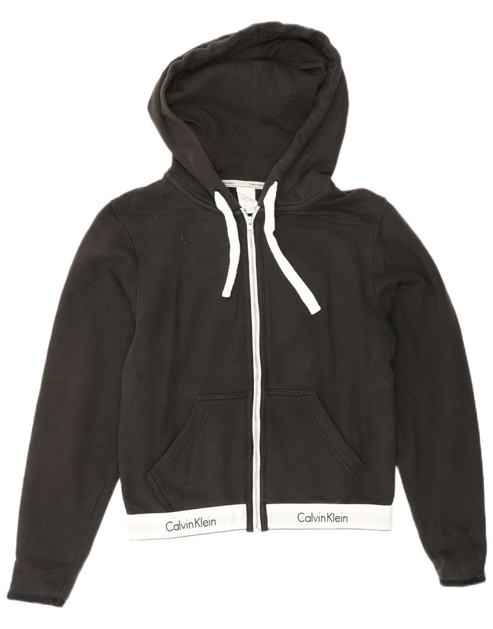 CALVIN KLEIN Felpa con cappuccio e zip corta da donna UK 6 XS Nero Colourblock