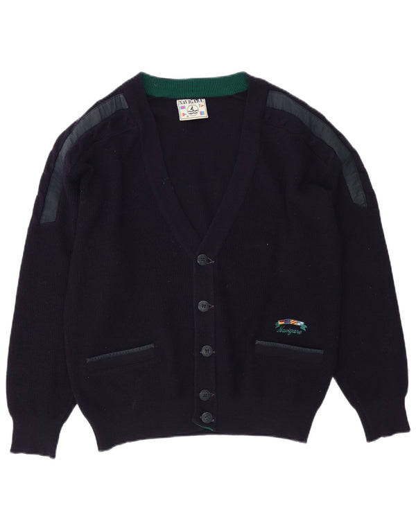 Maglione cardigan da uomo Navigare, lana merino color block medio blu navy