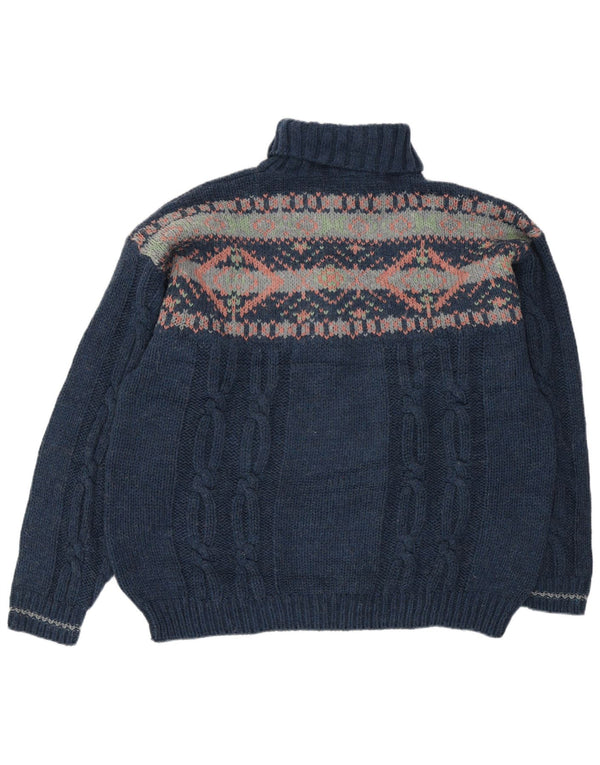 Maglione maglione vintage da uomo con collo alto 2XL Blu navy Fair Isle