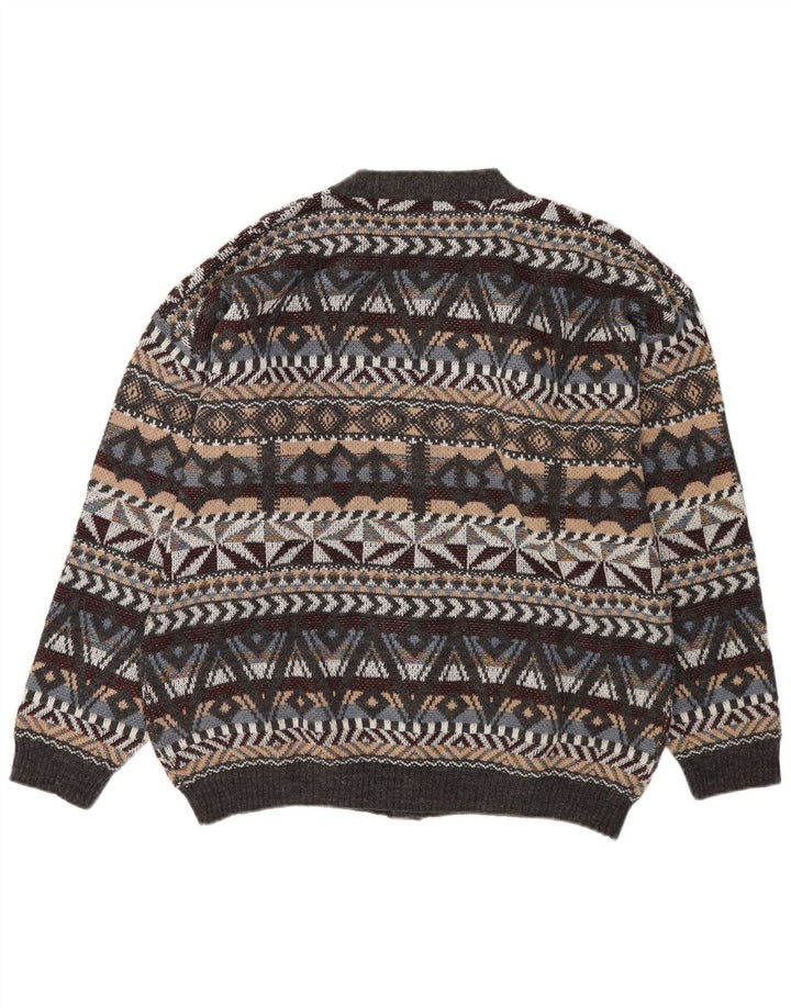 Maglione cardigan da uomo vintage in lana geometrica grigio medio