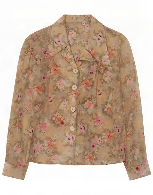 Camicetta vintage da donna a maniche lunghe UK 14 Beige medio floreale retrò