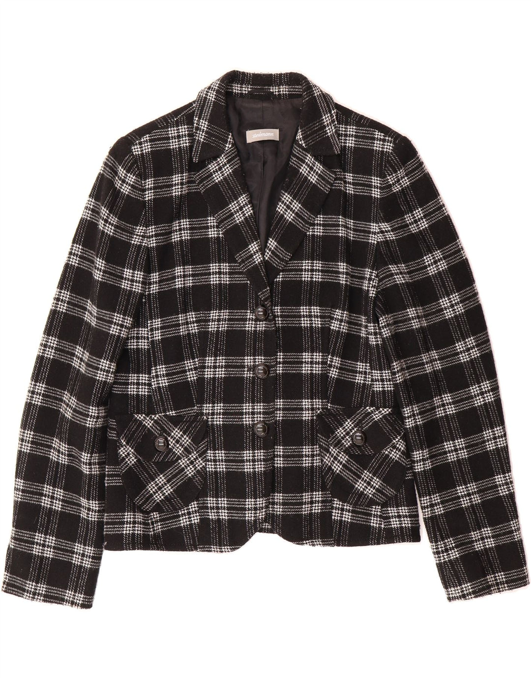 STEILMANN  Womens 3 Button Blazer Jacket UK 14 Medium Black Check Vintage Steilmann and Second-Hand Steilmann from Messina Hembry 
