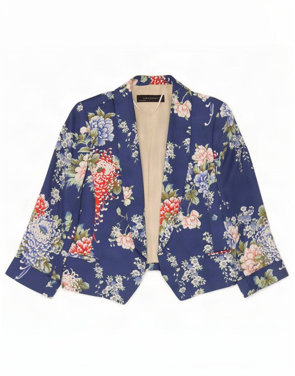 Zara Womens 3/4 Sleeve Open Bolero Jacket UK 10 Small Blue Floral Polyester