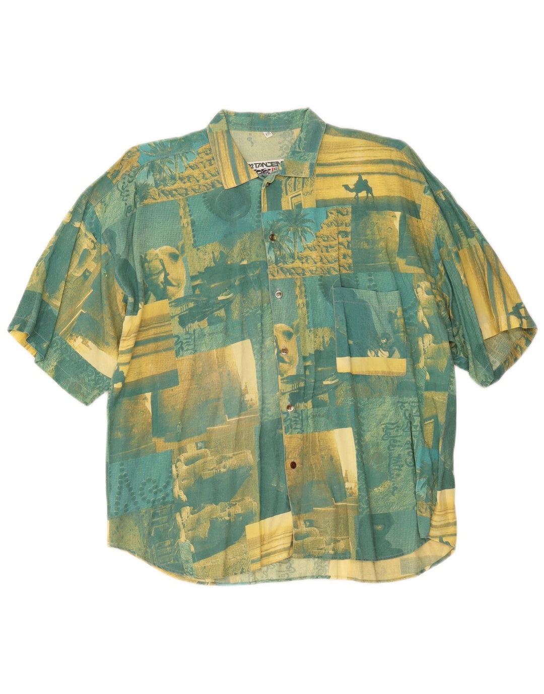 Camicia a maniche corte con grafica vintage da uomo 2XL in cotone patchwork verde