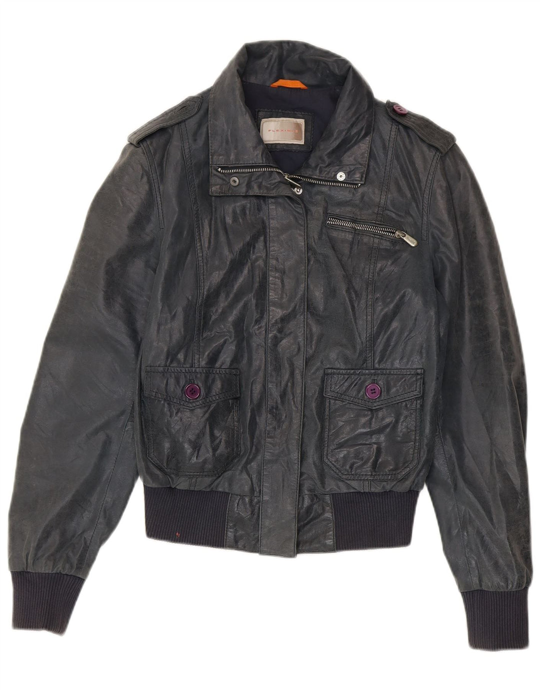 Giacca bomber da donna vintage in pelle IT 46 grande in pelle blu navy