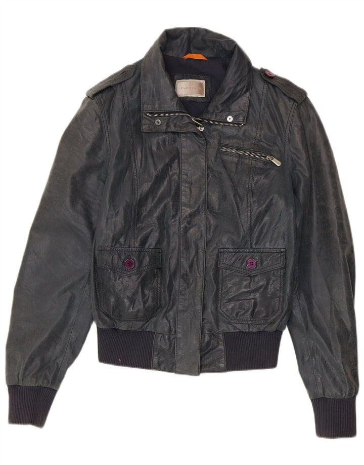 Giacca bomber da donna vintage in pelle IT 46 grande in pelle blu navy