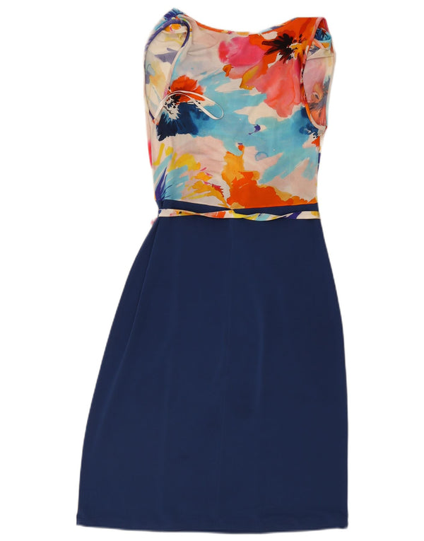 Abito tubino senza maniche vintage da donna UK 10 piccolo viscosa floreale blu navy