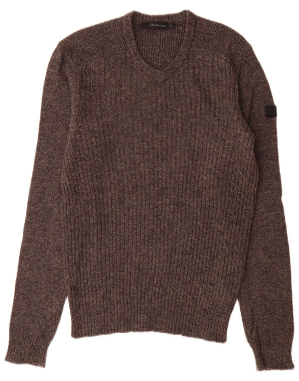 Calvin Klein Jeans Maglione da uomo con scollo a V piccolo in lana screziata grigia