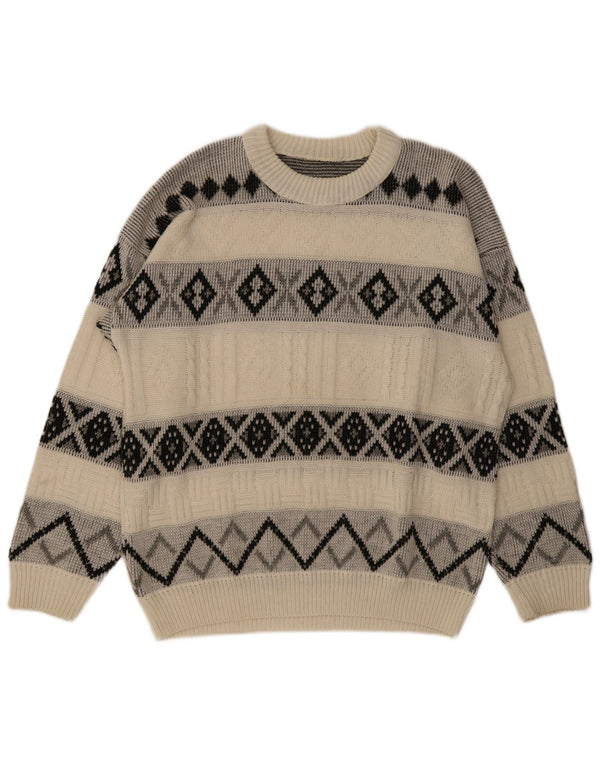 Maglione vintage da uomo con scollo a barca XL bianco sporco a rombi/diamante