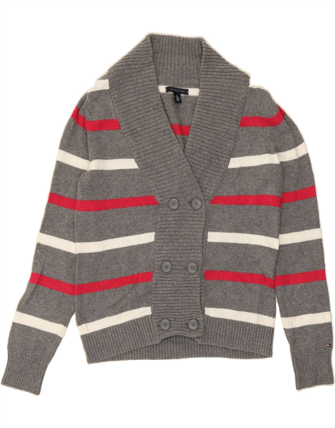 TOMMY HILFIGER Womens Cardigan Sweater UK 14 Medium Grey Striped Vintage Tommy Hilfiger and Second-Hand Tommy Hilfiger from Messina Hembry 