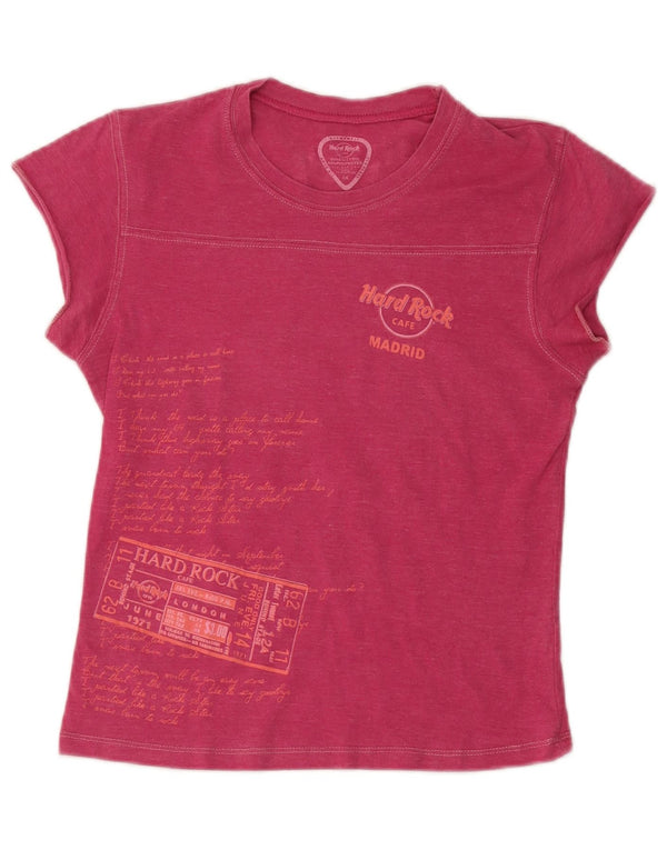 T-shirt grafica da donna Hard Rock Cafe Madrid UK 12 cotone rosa medio
