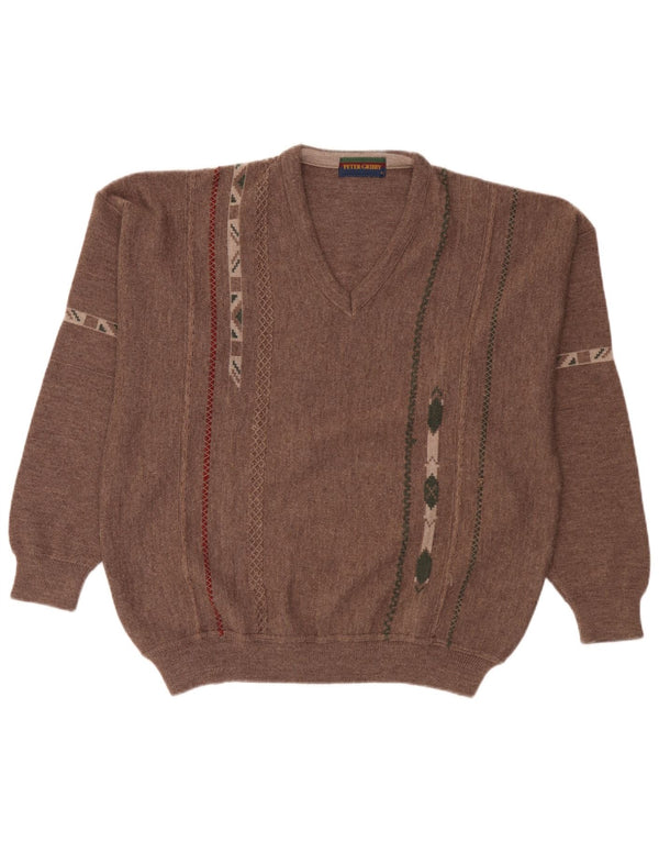 Peter Gribby Maglione da uomo con scollo a V XL Marrone Acrilico geometrico