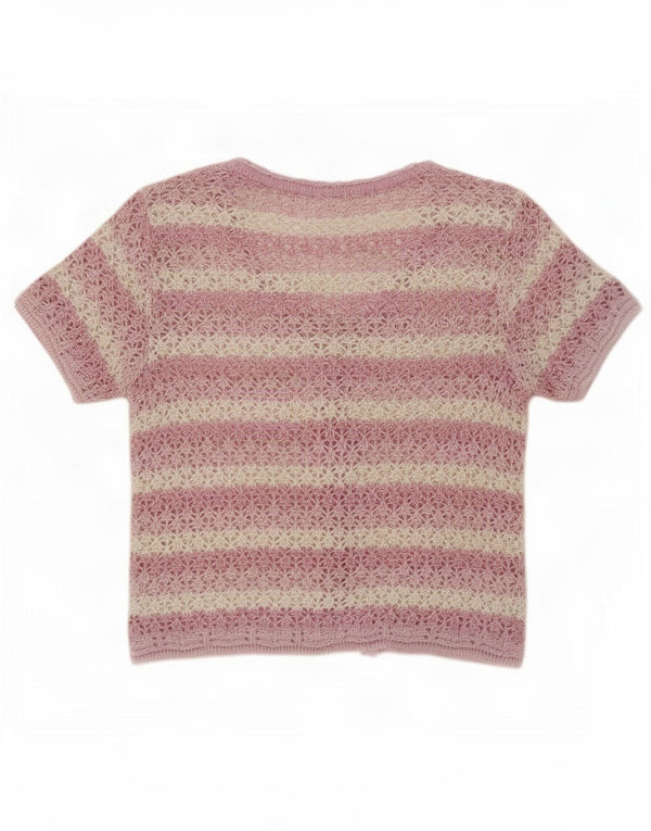 Maglione cardigan a maniche corte da donna vintage UK 14 a righe rosa medio