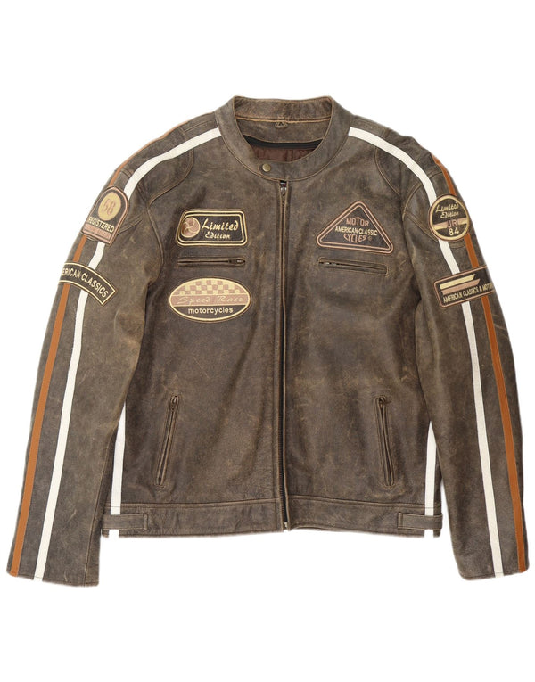 Giacca da pilota in pelle grafica Stina Motorstyle da uomo UK 42 XL Marrone