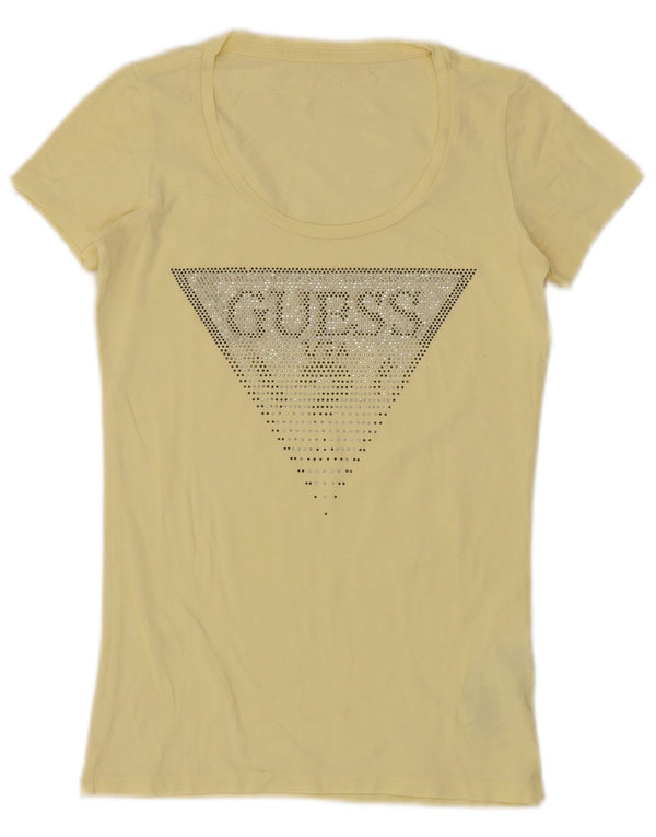 Guess T-shirt grafica da donna Top UK 10 Small in cotone giallo