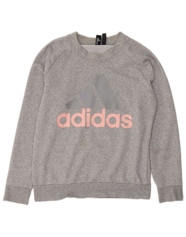 Felpa grafica da donna ADIDAS maglione UK 14/16 grande cotone grigio