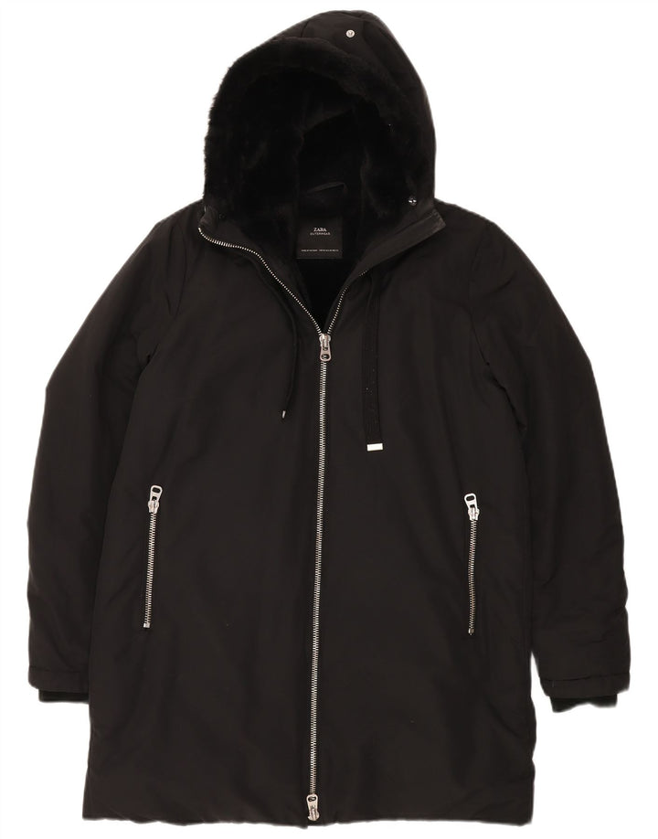 Giacca a vento Sherpa con cappuccio da donna ZARA UK 14 poliestere nero medio
