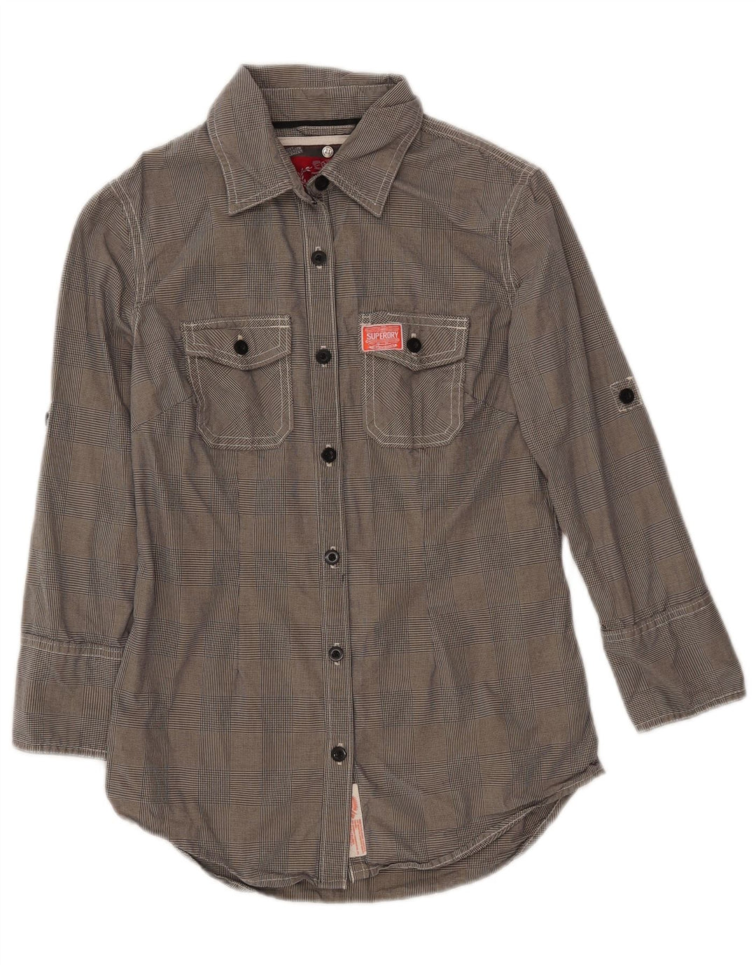 Camicia da donna con maniche a 3/4 Superdry UK 10 Small Cotone pied de poule grigio