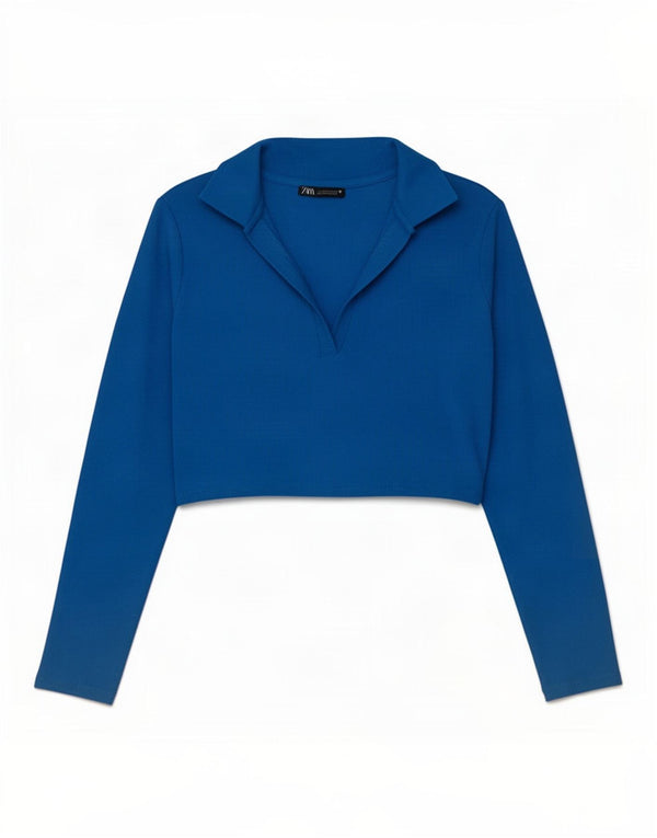 Polo corta a maniche lunghe da donna Zara UK 14 grande cotone blu