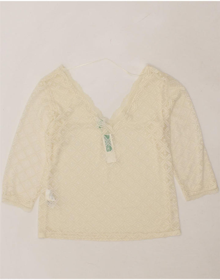 BENETTON Womens Crop 3/4 Sleeve Blouse Top UK 14 Large White Polyester Vintage Benetton and Second-Hand Benetton from Messina Hembry 