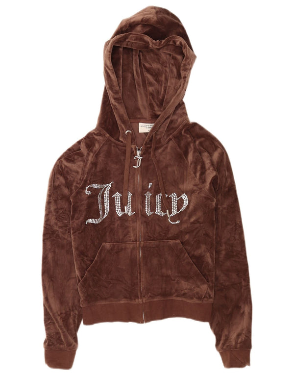 Juicy Couture Maglione con cappuccio e zip in velluto grafico da donna UK 6 XS Marrone
