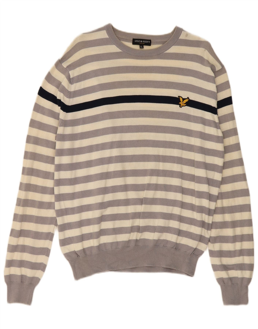 LYLE & SCOTT Mens Crew Neck Jumper Sweater XL Grey Striped Cotton