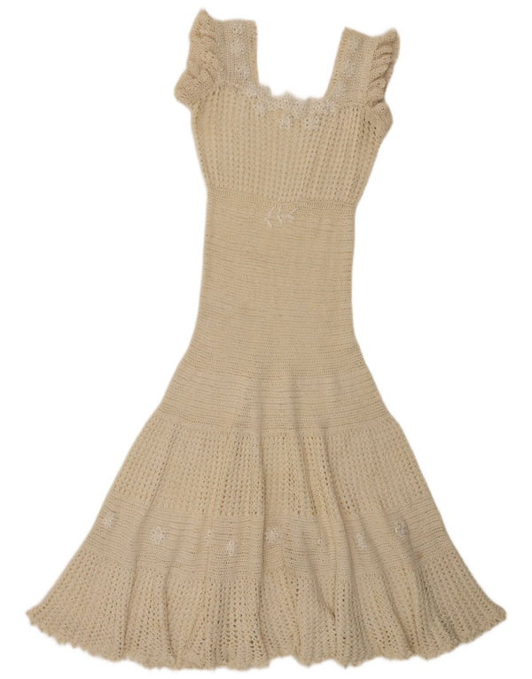 Abito lungo da donna vintage senza maniche all'uncinetto UK 10 piccolo floreale bianco sporco