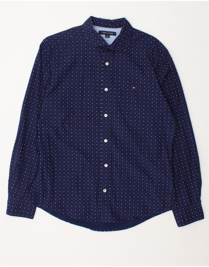 TOMMY HILFIGER Mens Shirt Medium Navy Blue Spotted Cotton Vintage Tommy Hilfiger and Second-Hand Tommy Hilfiger from Messina Hembry 