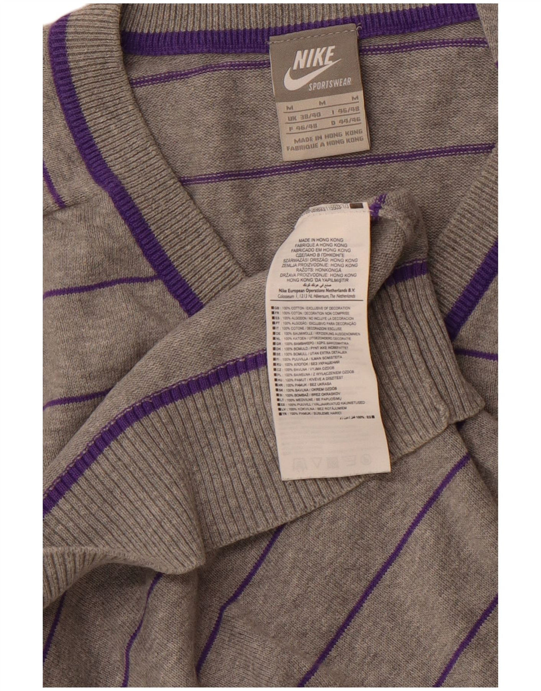 Maglione maglione con scollo a V da uomo NIKE UK 38/40 cotone a righe grigio medio